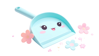 Light blue dustpan with a cute face, surrounded by pink and blue floral elements
