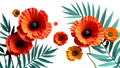 Vibrant orange poppies and teal palm fronds against a solid black background