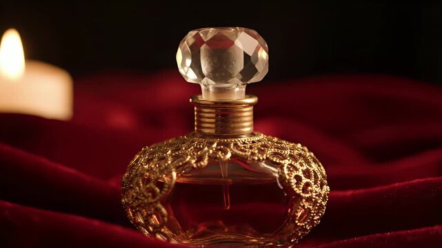 Cinematic push-in delicate ornate antique perfume bottle crystal stopper crimson velvet candlelight warm amber gold glow