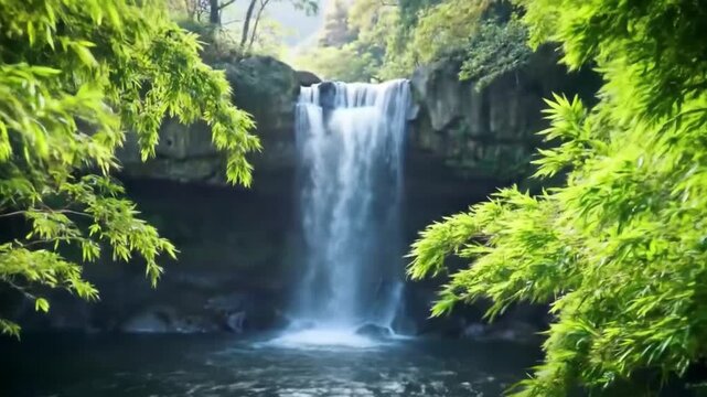 Tranquil waterfall flowing through lush green forest landscape - Powered by Adobe