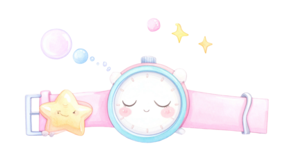 Pastel cartoon smartwatch with sleeping face, stars, and thought bubbles on black