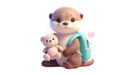 Adorable animated otter with backpack and teddy, heart, set against a dark background