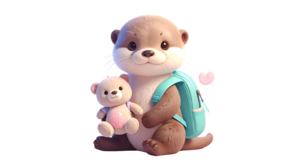 Adorable animated otter with backpack and teddy, heart, set against a dark background