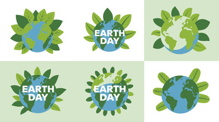 Six diverse Earth Day logos featuring the planet surrounded by vibrant green foliage and text