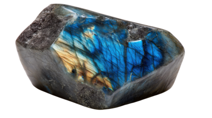 Labradorite stone displaying shimmering blue and gold colors, polished feldspar mineral rock with transparent background