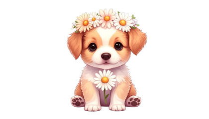 Fototapeta premium Adorable cartoon puppy with flower crown and daisy, sitting, on black background