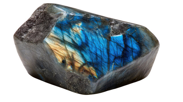 Labradorite stone displaying shimmering blue and gold colors, polished feldspar mineral rock with transparent background