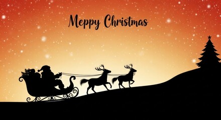 Santa claus in sleigh pulled by reindeer on snowy hill with christmas tree at sunset