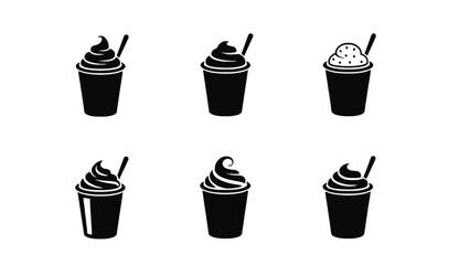 Six stylized black and white icons of iced coffee drinks with straws.