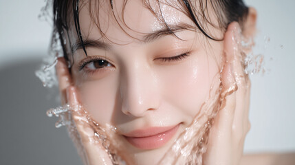 洗顔する美しい女性の美肌と清潔感。美容・コスメ・スキンケア広告用写真