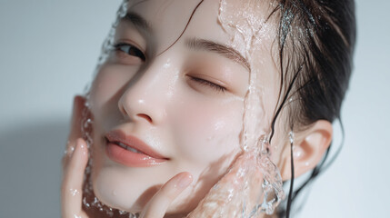 洗顔する美しい女性の美肌と清潔感。美容・コスメ・スキンケア広告用写真