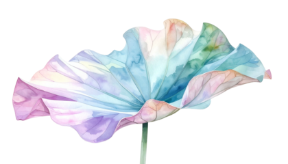 Watercolor depiction of a large lotus leaf with soft pastel colors against a black backdrop