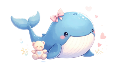 Adorable cartoon whale with a pink bow, smiling, hugging a teddy bear, surrounded by hearts