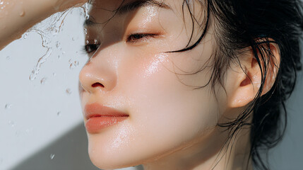 洗顔する美しい女性の美肌と清潔感。美容・コスメ・スキンケア広告用写真