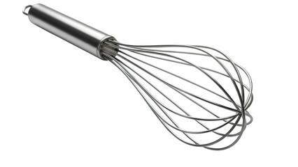 Metal whisk isolated on white or transparent background, ideal for cooking, baking, kitchen tools, food preparation, and culinary concept visuals. PNG format.