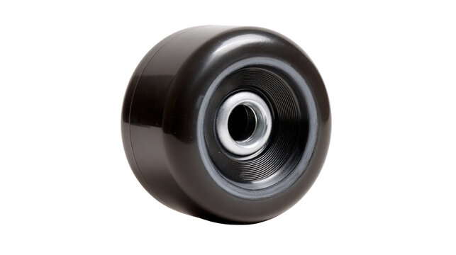 Black polyurethane skateboard wheel with metal bearing, providing grip and speed for street and park skating, transparent background