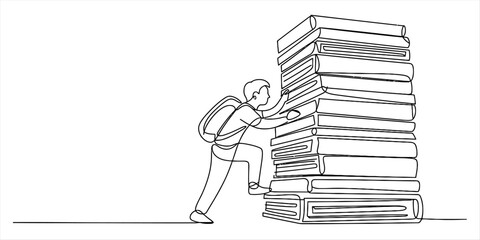 A student climbs a large stack of books, representing academic challenges and educational progress Vector, illustration