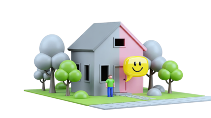 3D Cartoon House with Smiley Speech Bubble and Person