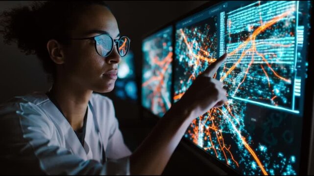 Multimodal AI. Vision language models. Human like cognition. Embodied intelligence. Cross modal learning. A researcher analyzes data on multiple computer screens in a dark setting.