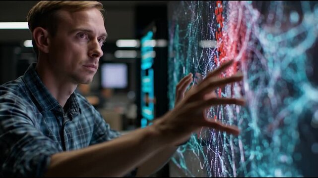 Multimodal AI. Vision language models. Human like cognition. Embodied intelligence. Cross modal learning. A person interacting with a futuristic digital interface.