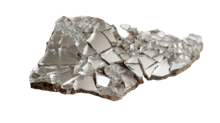 Broken mirror fragments and shattered glass forming sharp, irregular shapes, reflecting light and representing damage, danger, and crises