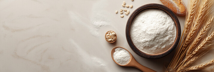 Flour in a bowl, surrounded by wheat stalks and a wooden spoon, awaits baking Generative AI
