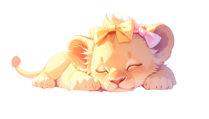 Animated baby lion cub napping, a pink and orange bow atop its head