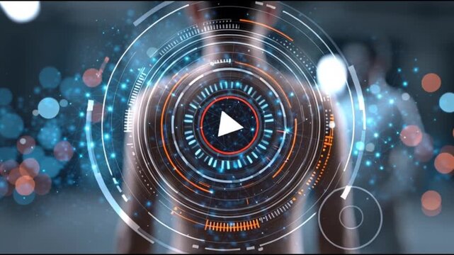 Multimodal AI. Vision language models. Human like cognition. Embodied intelligence. Cross modal learning. Futuristic interface with play button against a blurred background