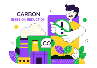 Naklejka premium Carbon Footprint Reduction Illustration Featuring Environmental Pollution Impact Analysis With CO2 Effects On Nature Climate And Ecological Balance