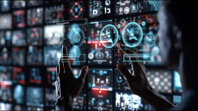 Multimodal AI. Vision language models. Human like cognition. Embodied intelligence. Cross modal learning. A person interacting with digital data on a futuristic screen.