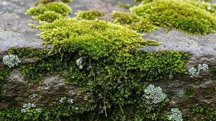 Close up of vibrant green moss growing on a textured gray stone surface