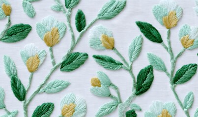 a whimsical work of embroidery with seamless pattern in a embroidered style with highly visible thread texture that exudes the joy of spring with pastel tulip flowers and leaves in shades of spring gr