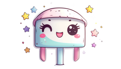 Whimsical cartoon character with a rounded head, winking, surrounded by colorful stars