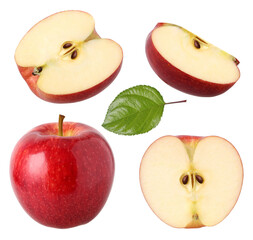 red apple, half, slice and leaves isolated, fresh red apple, transparent PNG