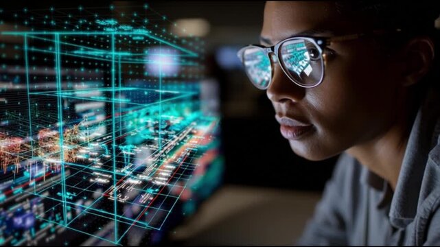 Multimodal AI. Vision language models. Human like cognition. Embodied intelligence. Cross modal learning. A focused individual analyzing data on multiple digital screens.