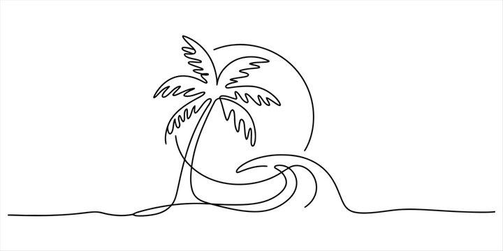 Continuous one line drawing of a tropical beach scene with palm tree, sun, and wave Vector, illustration