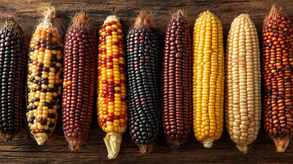 Different types of corn arranged beautifully on wood, celebrating nature's rich palette of colors Generative AI