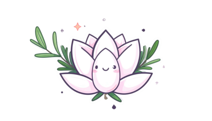 Cute, cartoon lotus flower with a smiling face and rosemary sprigs
