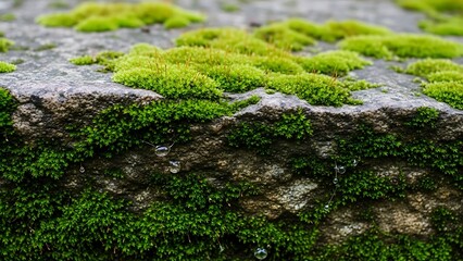 Lush green moss thriving on weathered stone surface a natural texture