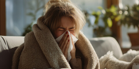 A person sneezes into tissue, feeling unwell while snuggled in blankets at home Generative AI