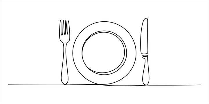 Abstract continuous line drawing of cutlery and plate for dining concept Vector, illustration