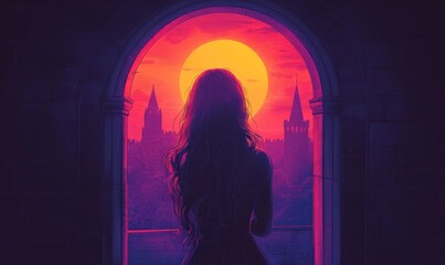 Girl, castle view and window drawing for fantasy, illustration, and hiding by mockup space. Female person, scared princess, and fear for throne or kingdom, creative and royal medieval, Generative AI