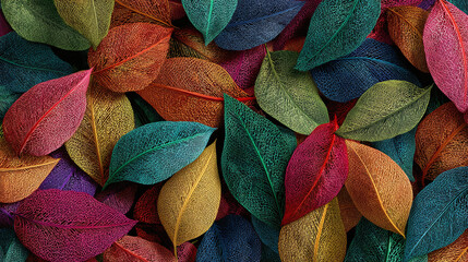 An array of colorful leaves arranged together with various shades and tones. The composition of leaves forms a harmonious display of textures and hues
