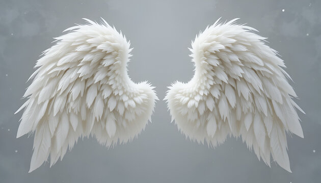 A pair of white angel wings against a gray background with subtle sparkles