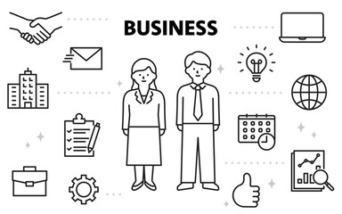 男女の会社員とビジネスに関するアイコンセット（線幅変更可能）