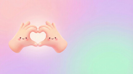 Cute 3D Cartoon Hands Making Heart Shape with Happy Faces on Pastel Gradient Background