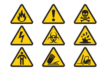 Safety hazard warning signs vector icons showing flat yellow triangle symbols for flammable, toxic, biohazard, high voltage, corrosive, health, and slippery floor hazards.
