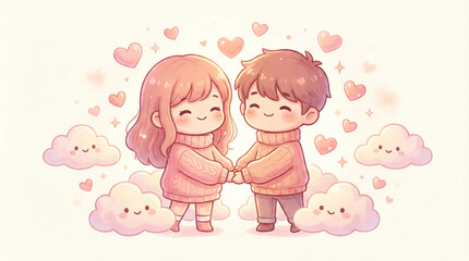 Cute Chibi Couple Holding Hands with Hearts and Smiling Clouds Illustration