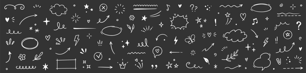Line sketch element star, arrow, heart design icons on chalkboard. Hand drawn sketch doodle cute star, heart, flower element. Line text decoration scribble decoration. Hand drawn Vector illustration