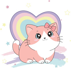 Cute Kawaii Pink and White Cartoon Cat with Rainbow Heart
